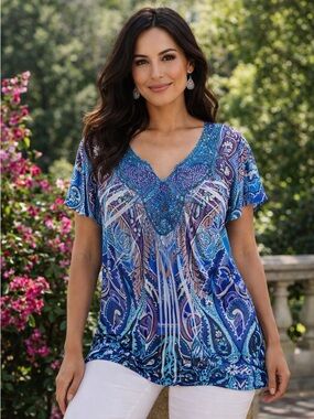 New Directions Teal Purple Paisley Beaded Blouse XL Boho Flutter Sleeve Top